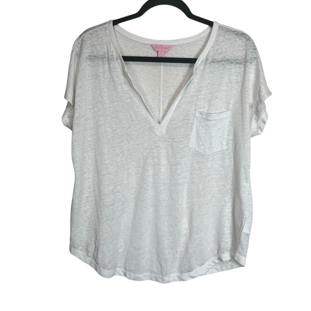 Lilly Pulitzer Solid White 100% Linen Short Sleeve V-Neck Top Size Small